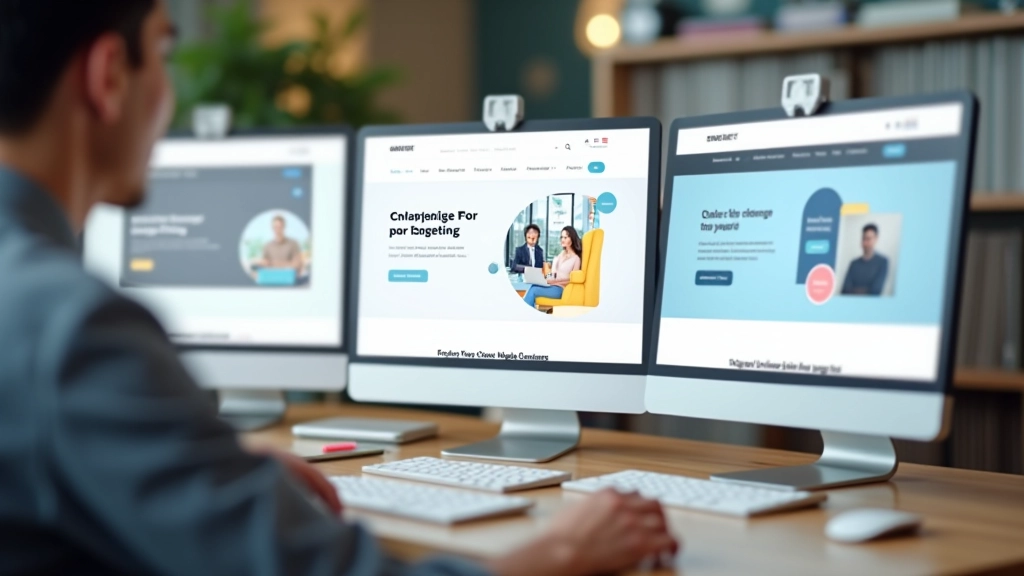 Multiple versions of landing page layouts showing A/B testing variations with different headline placement and call-to-action positioning