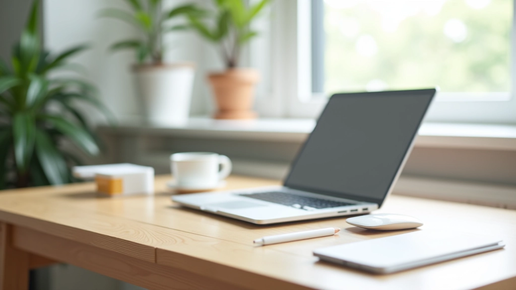 Minimalist workspace with desk, laptop, and simple organized layout showing clean visual hierarchy